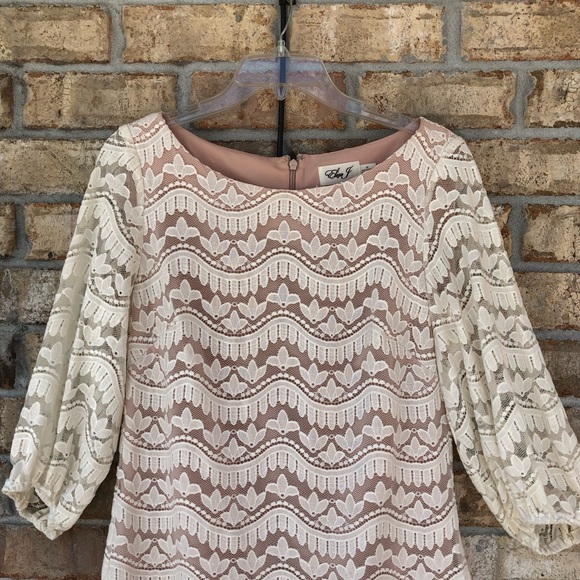 Eliza J Cotton Blend Puff 3/4 Sleeves Ivory Lace Nude Line Back Zipper Dress 10 - Picture 3 of 16